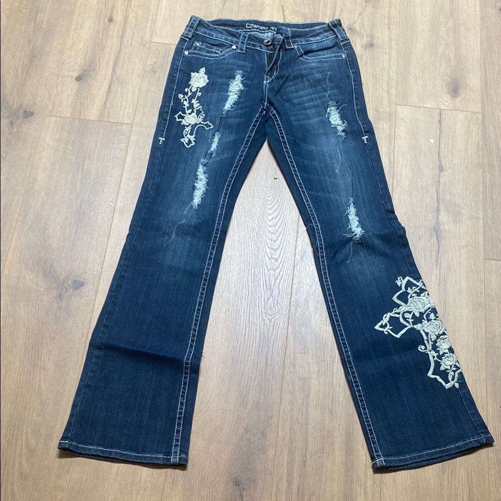 Cowgirl Tuff Blue Flare Wide Leg Jeans with Embroidery